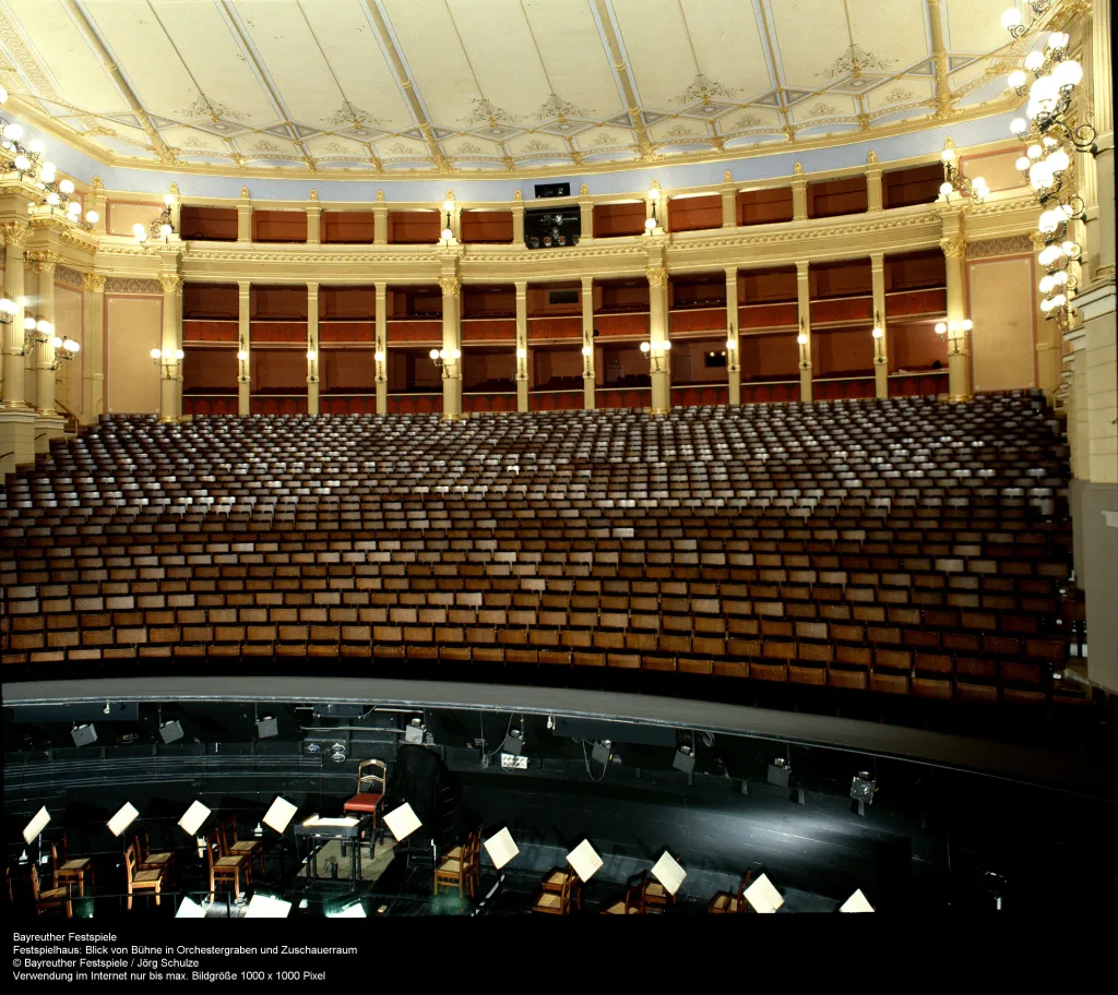バイロイト祝祭劇場のステージ上から見たオーケストラ・ピットと客席 写真提供・バイロイト音楽祭